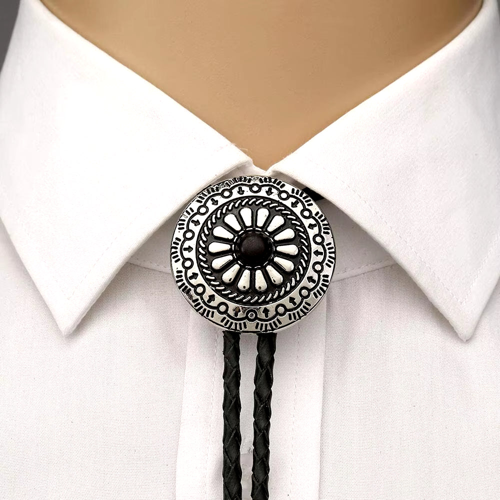 Metal round Pandent Bolo Tie for Man Indian Cowboy Western Cowgirl Leather Rope Zinc Alloy Necktie