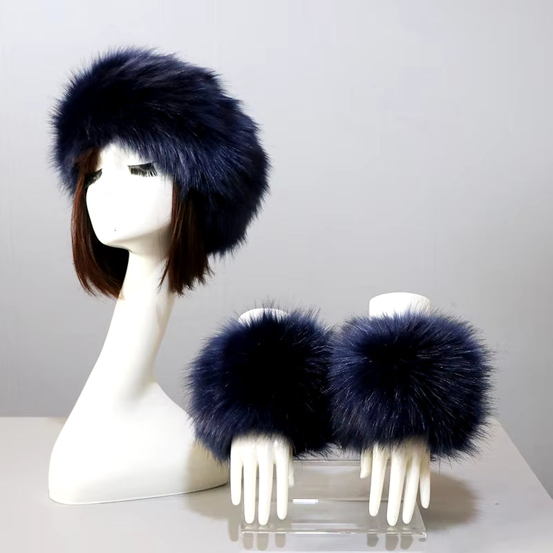 One Set Women Faux Fox Fur Cuffs + Headband Winter Warmer Hat Arm Wrist Sleeve Gloves Female Faux Fur Cap+Elastic Wristband