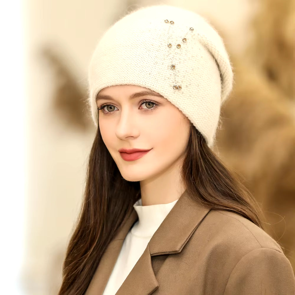 New Women Winter Hat Fashion Decorate Beanie Hat Rabbit Fur Blend Warm Winter Cap for Female Casual Streetwear Knitted Hat