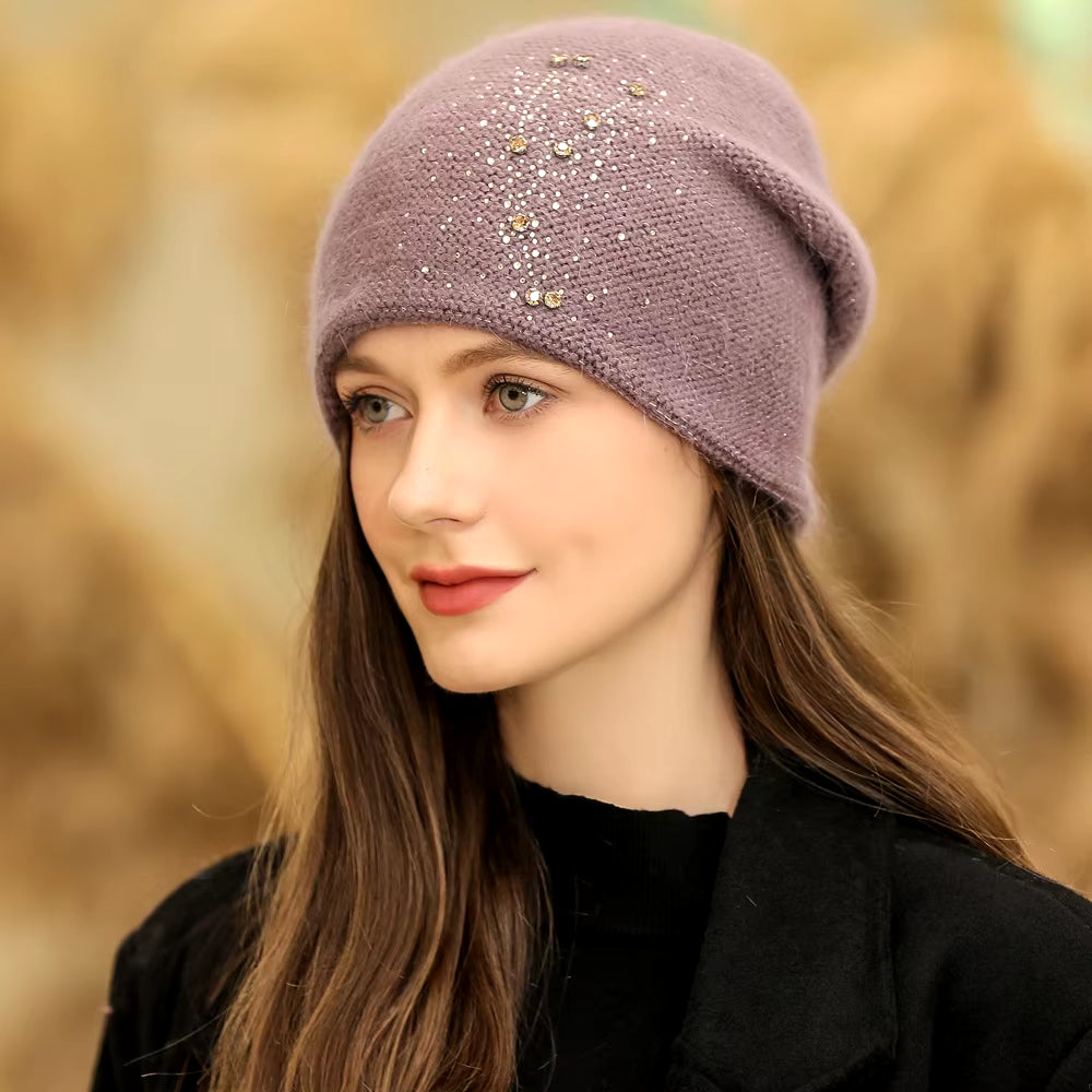 New Women Winter Hat Fashion Decorate Beanie Hat Rabbit Fur Blend Warm Winter Cap for Female Casual Streetwear Knitted Hat