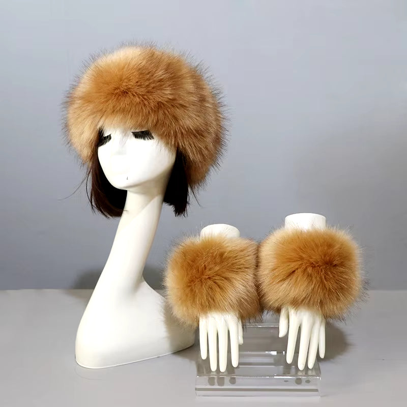 One Set Women Faux Fox Fur Cuffs + Headband Winter Warmer Hat Arm Wrist Sleeve Gloves Female Faux Fur Cap+Elastic Wristband