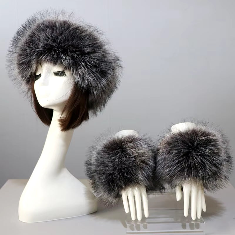 One Set Women Faux Fox Fur Cuffs + Headband Winter Warmer Hat Arm Wrist Sleeve Gloves Female Faux Fur Cap+Elastic Wristband