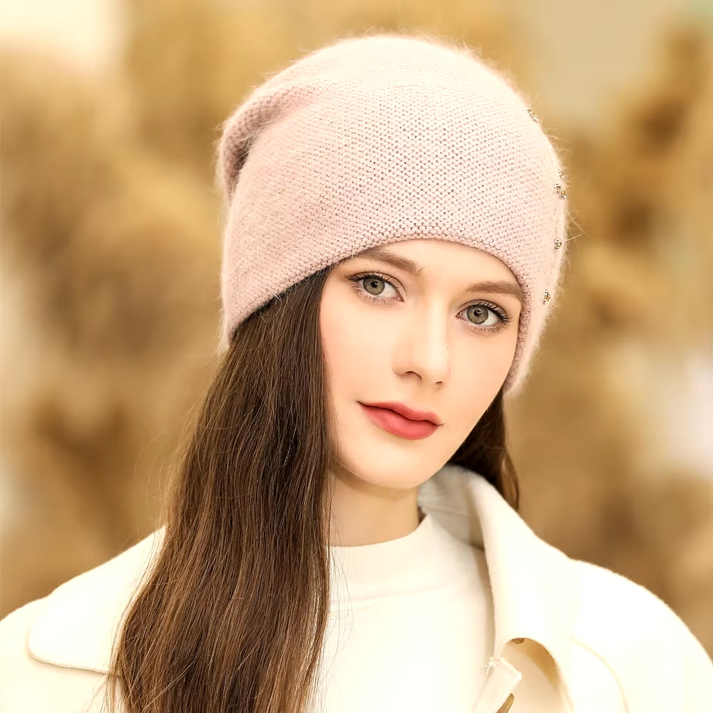 New Women Winter Hat Fashion Decorate Beanie Hat Rabbit Fur Blend Warm Winter Cap for Female Casual Streetwear Knitted Hat