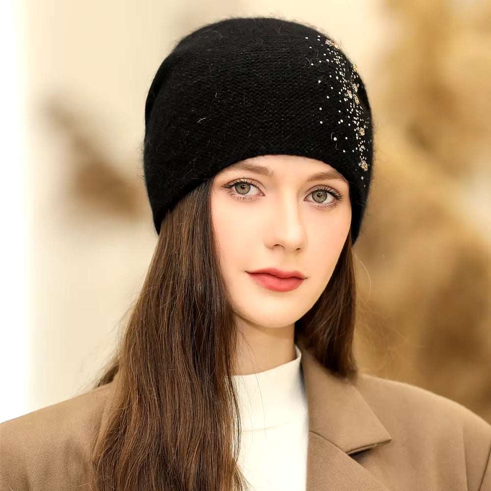 New Women Winter Hat Fashion Decorate Beanie Hat Rabbit Fur Blend Warm Winter Cap for Female Casual Streetwear Knitted Hat