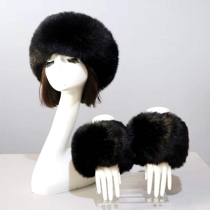 One Set Women Faux Fox Fur Cuffs + Headband Winter Warmer Hat Arm Wrist Sleeve Gloves Female Faux Fur Cap+Elastic Wristband