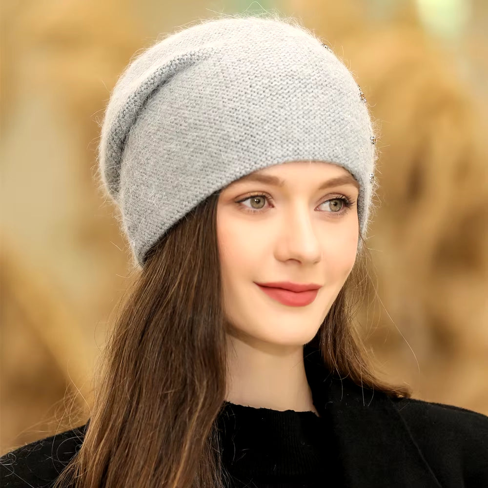 New Women Winter Hat Fashion Decorate Beanie Hat Rabbit Fur Blend Warm Winter Cap for Female Casual Streetwear Knitted Hat