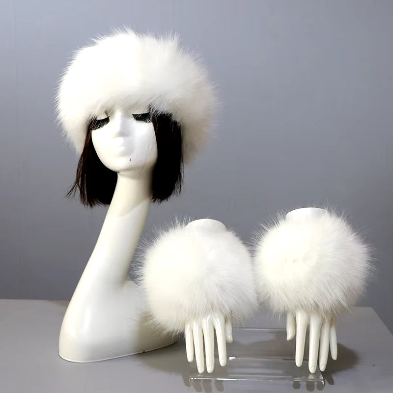 One Set Women Faux Fox Fur Cuffs + Headband Winter Warmer Hat Arm Wrist Sleeve Gloves Female Faux Fur Cap+Elastic Wristband