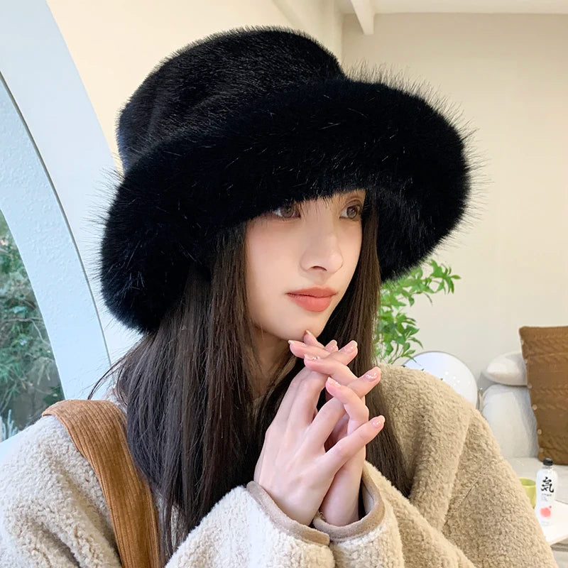 2023 Big Faux Fur Fluffy Bucket Hat for Women Luxury Plush Winter Hat Thicken Snow Oversized Fur Bucket Hat Soft Big Panama Cap