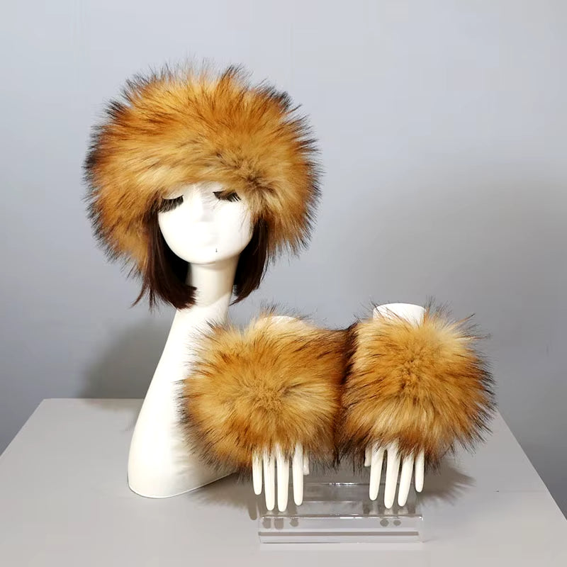 One Set Women Faux Fox Fur Cuffs + Headband Winter Warmer Hat Arm Wrist Sleeve Gloves Female Faux Fur Cap+Elastic Wristband