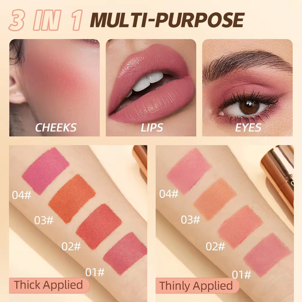 Lipstick Blush Stick 3-In-1 Eyes Cheek and Lip Tint Buildable Waterproof Lightweight Cream Multi Stick Makeup for Women