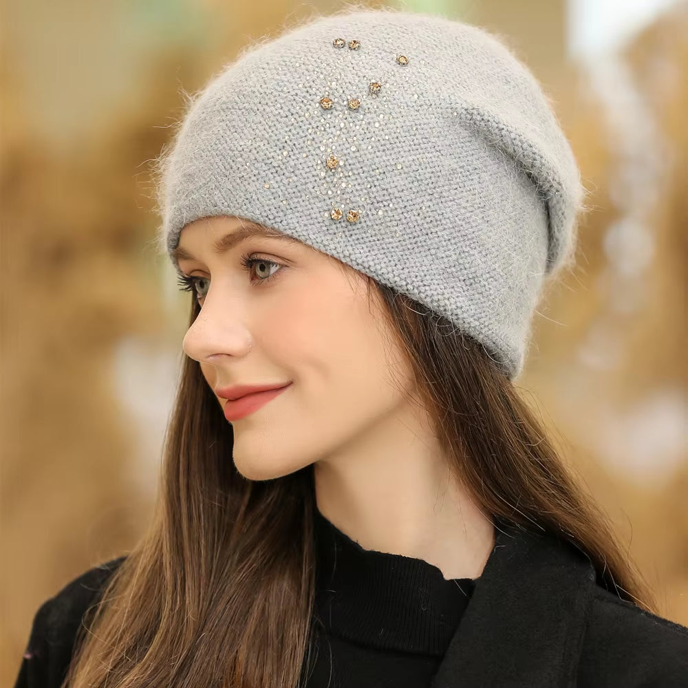 New Women Winter Hat Fashion Decorate Beanie Hat Rabbit Fur Blend Warm Winter Cap for Female Casual Streetwear Knitted Hat