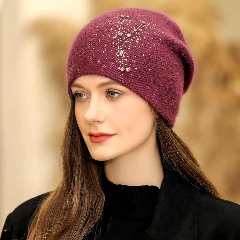 New Women Winter Hat Fashion Decorate Beanie Hat Rabbit Fur Blend Warm Winter Cap for Female Casual Streetwear Knitted Hat