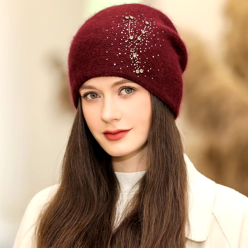 New Women Winter Hat Fashion Decorate Beanie Hat Rabbit Fur Blend Warm Winter Cap for Female Casual Streetwear Knitted Hat